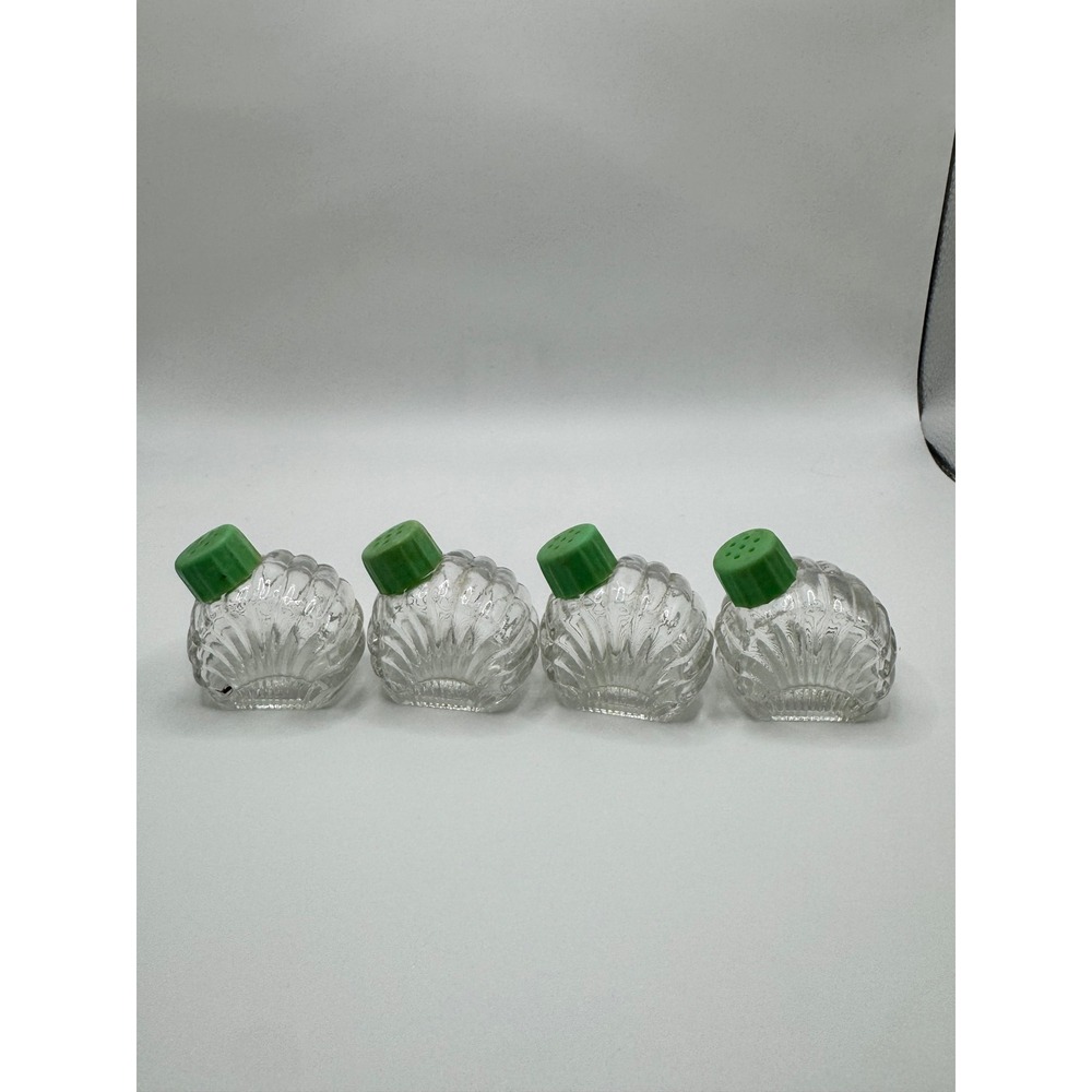Vintage Glass Seashell Salt and Pepper Shakers Set of 4 Green Lids Coastal Decor